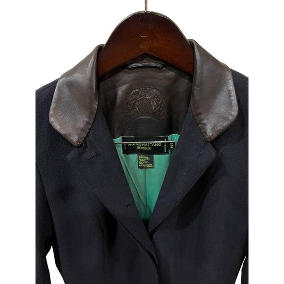 Shanghai Tang Womens Embellished Wool Coat with Leather Trim Black Size 4 - Picture 8 of 11